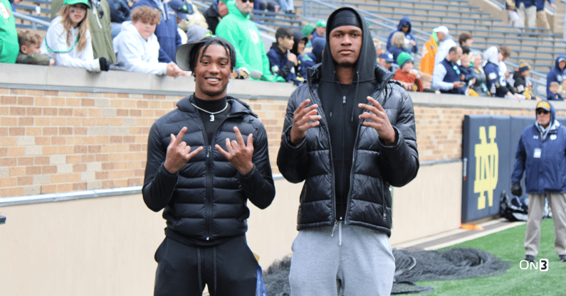 Notre Dame 2024 cornerback signee Karson Hobbs and 2025 quarterback commit Deuce Knight visited campus for the Blue-Gold Game on April 20, 2024. (Kyle Kelly/Blue & Gold)