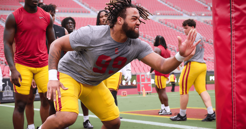 USC defensive end Nate Clifton warms up ahead of the 2024 spring game for the Trojans