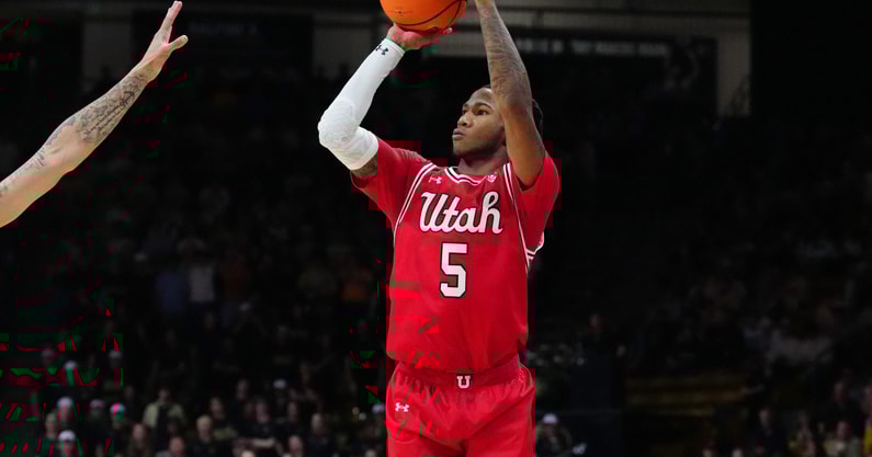 Feb 24, 2024; Boulder, Colorado, USA; Utah Utes guard Deivon Smith (5) shoots the ball in the first half against the Colorado Buffaloes at the CU Events Center. (Ron Chenoy-USA TODAY Sports)