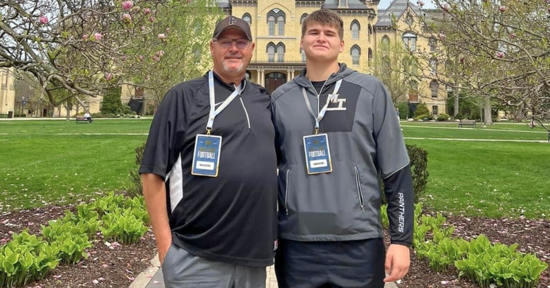 2026 OT Adam Guthrie (right) visited Notre Dame for the first time on  April 18, 2024. (Credit: @AdamGuthrie21)