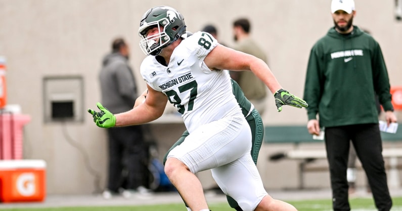 Michigan State tight end Jack Nickel runs a drill during the Spring Showcase on Saturday, April 20, 2024, at Spartan Stadium in East Lansing - Nick King, USA TODAY Sports