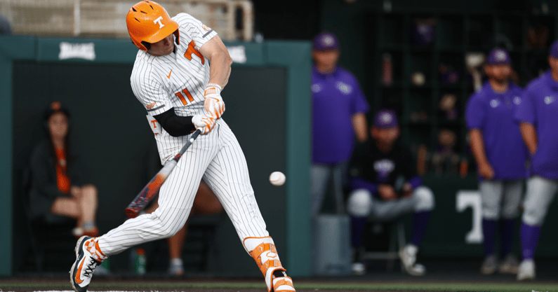 Billy Amick connects on a two-run home run against Western Carolina. Credit: UT Athletics