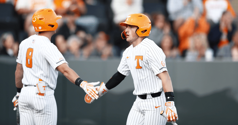 Cannon Peebles and Dylan Dreiling celebrate after another Tennessee run against Western Carolina. Credit: UT Athletics