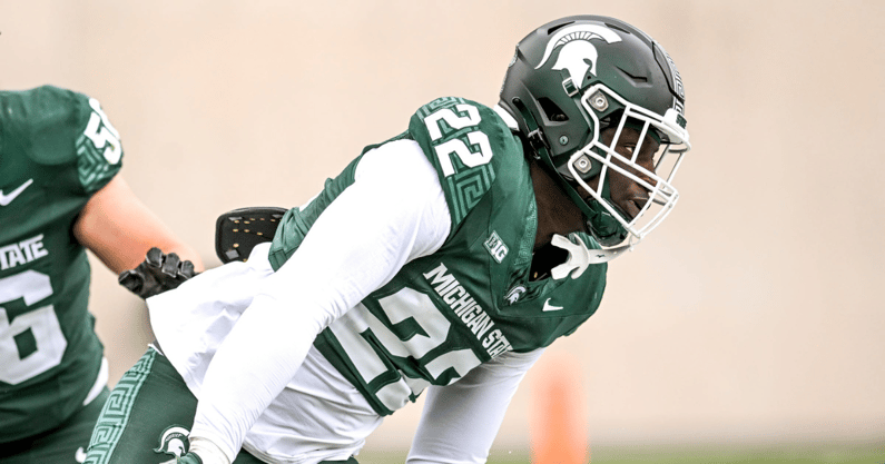 Michigan State's Bai Jobe participates in a drill during the Spring Showcase on Saturday, April 20, 2024, at Spartan Stadium in East Lansing - Nick King, USA TODAY Sports