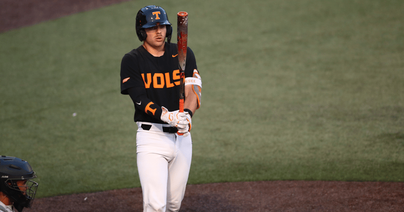 Cal Stark settles in before hitting a three run home run for Tennessee against Missouri. Credit: UT Athletics