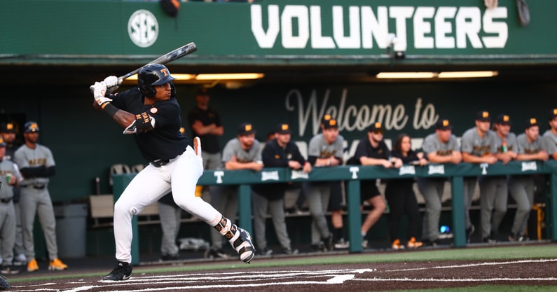 Christian Moore gets ready to hammer a first inning home run for Tennessee vs. Missouri. Credit: UT Athletics