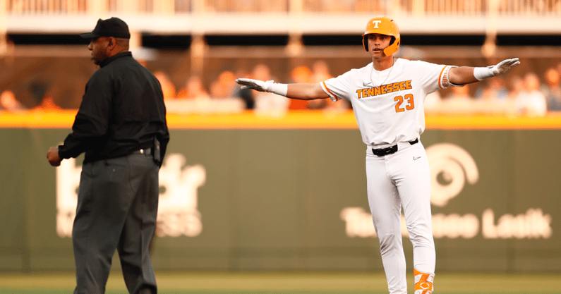 Dean Curley celebrates after hitting a double. Credit: UT Athletics
