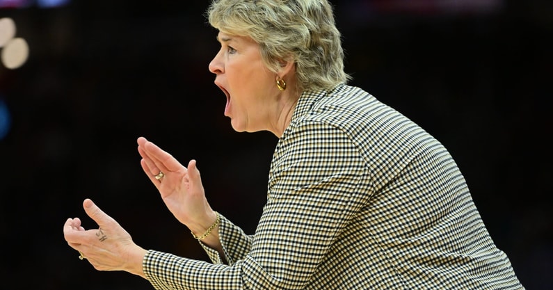 Iowa head coach Lisa Bluder coaches her team against Connecticut. (Ken Blaze/USA Today Sports)