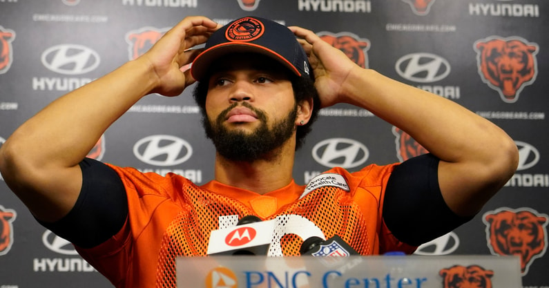 Chicago Bears quarterback Caleb Williams during a press conference before Chicago Bears rookie minicamp at Halas Hal