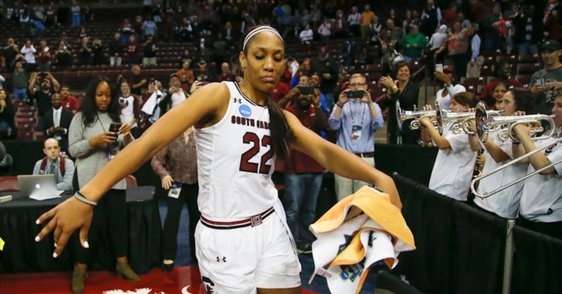 A'ja Wilson dances after her final game at Colonial Life Arena in 2018 (Photo by Chris Gillespie)