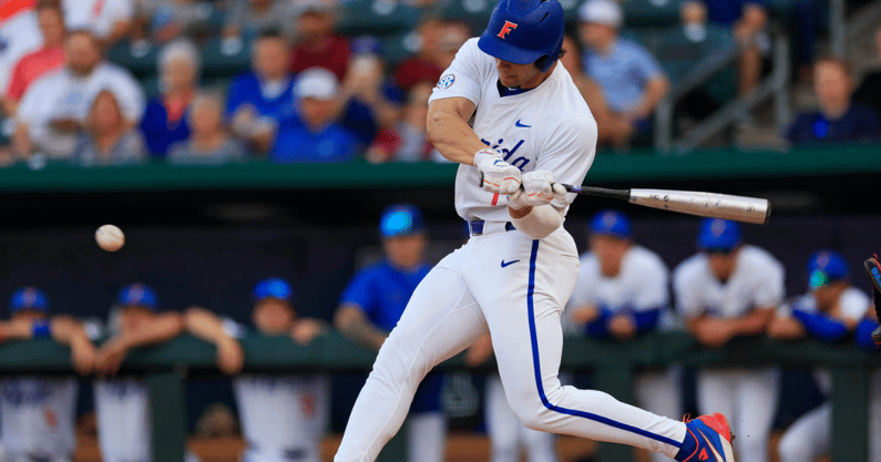 Florida utility Jac Caglianone (14) hits during the first inning of an NCAA baseball matchup at 121 Financial Ballpark in Jacksonville, Fla. Florida State defeated Florida 14-3.