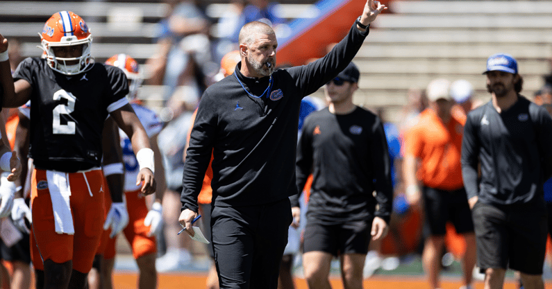 Florida Gators head coach Billy Napier gestures before the game at the Orange and Blue spring football game at Steve Spurrier Field at Ben Hill Griffin Stadium in Gainesville, FL on Saturday, April 13, 2024. [Matt Pendleton/Gainesville Sun]