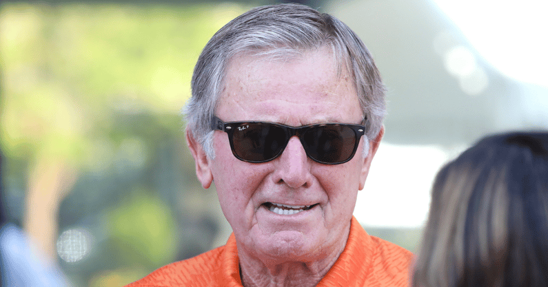 Legendary Florida Gators head ball coach Steve Spurrier talks with members of the media during a ceremony to officially opening his new restaurant Spurrier's Gridiron Grille in Celebration Pointe, in Gainesville, Fla., Aug. 10, 2021. SpurriersRibbonCutting03