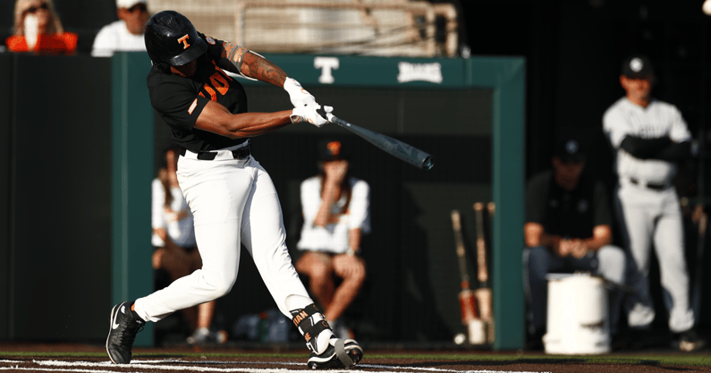 Christian Moore makes contact for his 25th home run of the season against Sout Carolina. The blast was another Tennessee program record. Credit: UT Athletics.