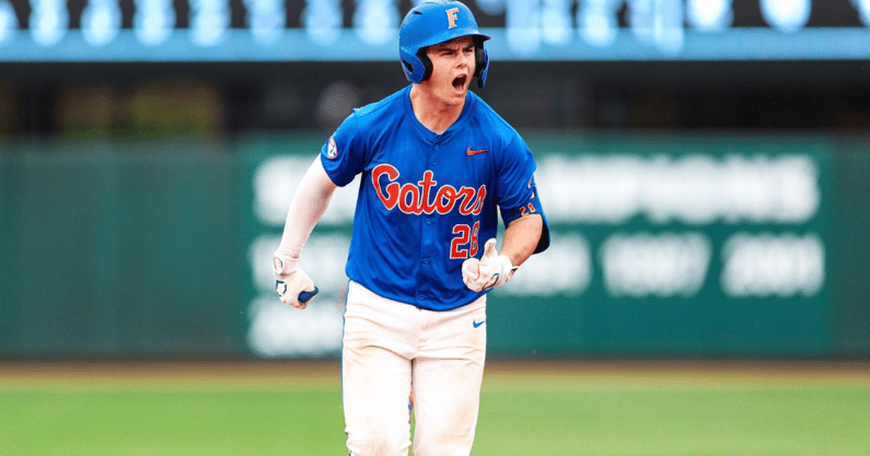 Florida Gators cacther Luke Heyman celebrates a home run against Georgia (Photo courtesy of UAA Communications)