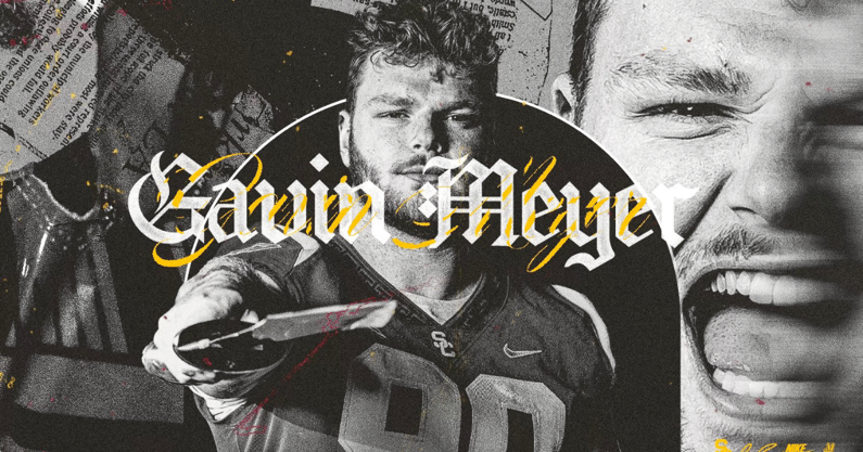 Graphic depicting former Wyoming defensive tackle Gavin Meyer's commitment to the USC Trojans (USC Athletics/Gavin Meyer on X)