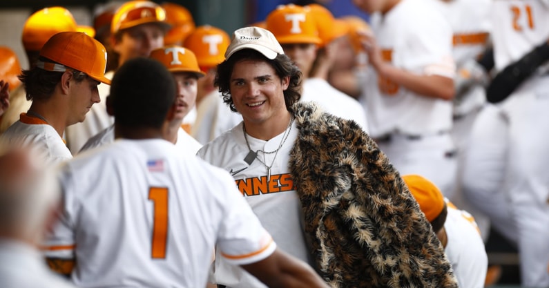 Tennessee outfielder Reese Chapman celbrates after hitting a three-run home run at the SEC Tournament. Credit: UT Athletics