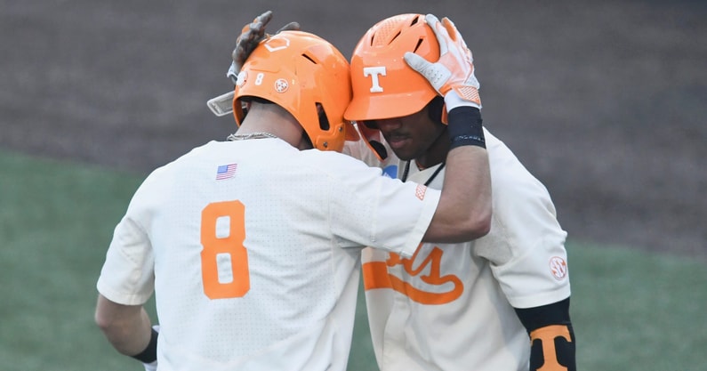 (Saul Young/News Sentinel / USA TODAY NETWORK) Tennessee's Dylan Dreiling (8) and Tennessee's Kavares Tears (21) celebrate Dreiling's home run against Southern Miss in the NCAA Baseball Tournament Knoxville Regional on Sunday, June 2, 2024 in Knoxville, Tenn.