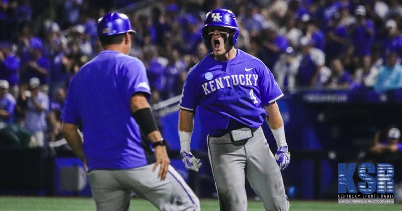 Kentucky Baseball's Émilien Pitre celebrates after a play - Aaron Perkins, Kentucky Sports Radio