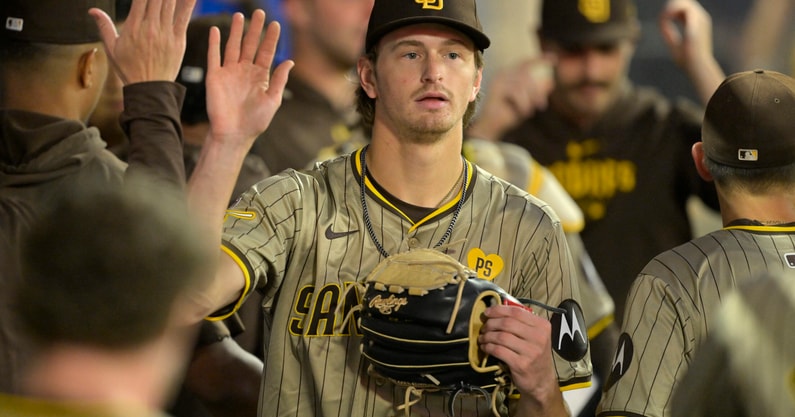 San Diego Padres starting pitcher Adam Mazur (36) is congratulated in the dugout after the sixth inning against the Los Angeles Angels at Angel Stadium. (Photo by Jayne Kamin-Oncea-USA TODAY Sports)