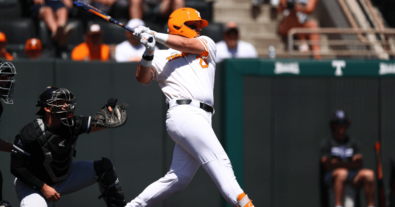 Blake Burke homers in Knoxville Regional play. Credit: UT Athletics