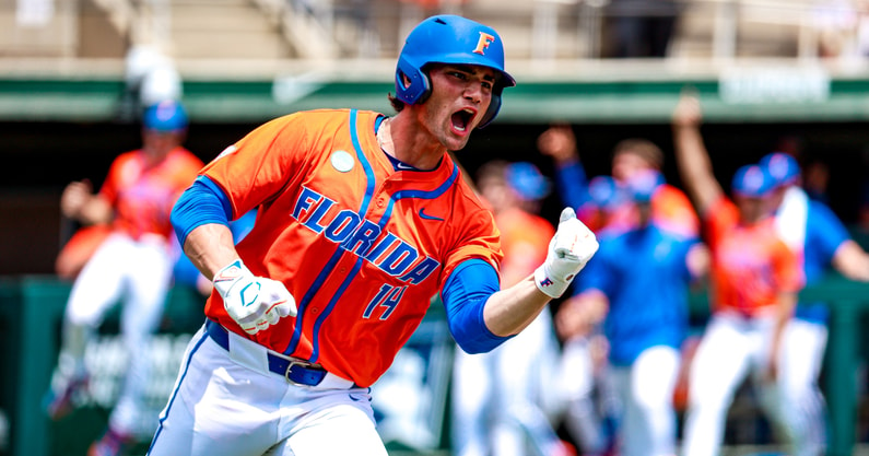 Jac Caglianone celebrates a home run in the Florida Gators Super Regional win over Clemson (UAA Communications / John Paternoster)