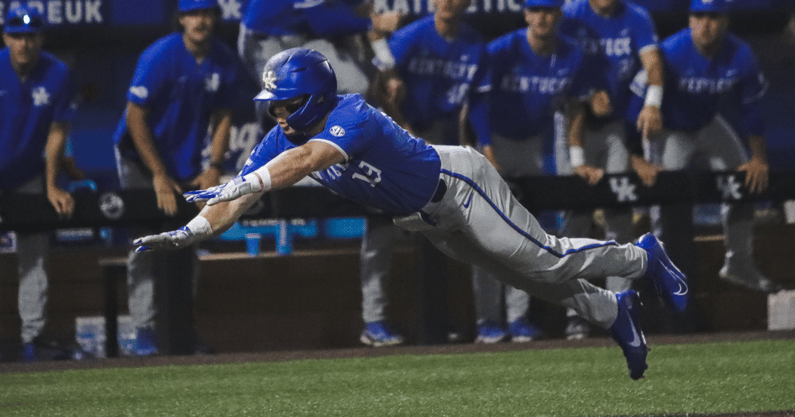 Kentucky outfielder Nolan McCarthy slides into home - Aaron Perkins, Kentucky Sports Radio