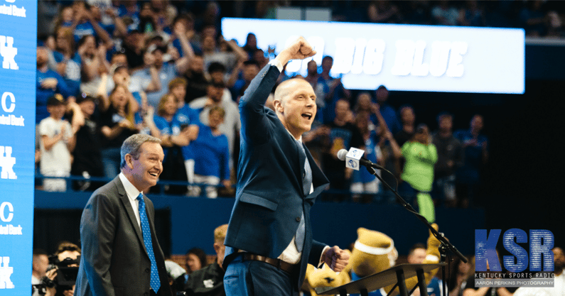 Kentucky head coach Mark Pope responds to the crowd at his introductory press conference - Aaron Perkins, Kentucky Sports Radio