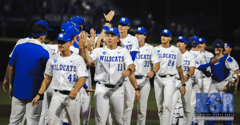The Kentucky Baseball slaps hands after a Super Regional victory - Aaron Perkins, Kentucky Sports Radio