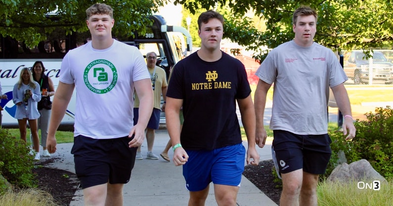 2025 OL Owen Strebig (left), Will Black (center) and Matty Augustine (right) arrive at Notre Dame on Friday, June 14, 2024, for their official visits. (Kyle Kelly/Blue & Gold)
