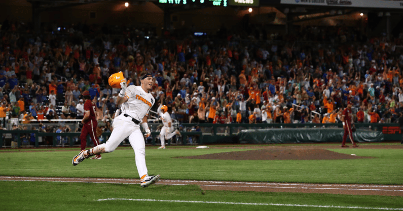 Dylan Dreiling celebrates his walk off in the College World Series. Credit: UT Athletics