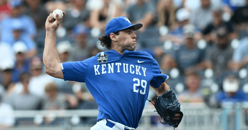 Jun 15, 2024; Omaha, NE, USA; Kentucky Wildcats pitcher Robert Hogan (29) throws against the NC State Wolfpack during the ninth inning at Charles Schwab Filed Omaha. (Steven Branscombe-USA TODAY Sports)