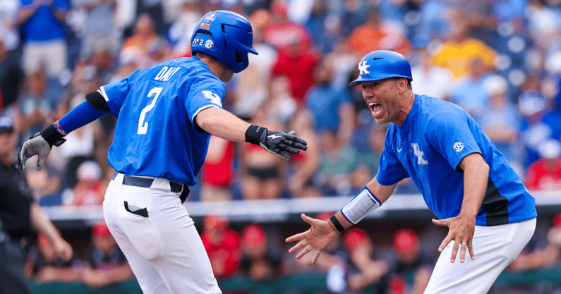 Kentucky Baseball coach Nick Mingione celebrates with Mitchell Daly after his walk-off home run - Mont Dawson, Kentucky Sports Radio