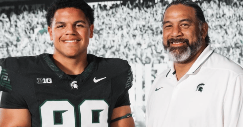 2025 DL Derrick Simmons and Michigan State DL coach Legi Suiaunoa (photo via social media)