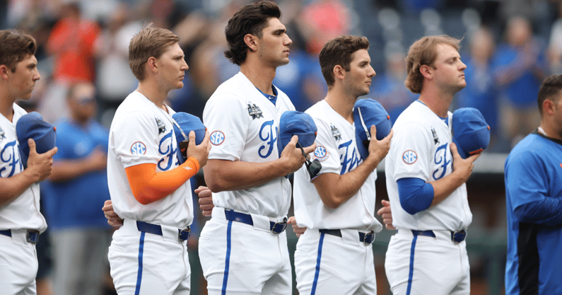Florida Gators stand for the National Anthem (UAA Communications / John Paternoster)