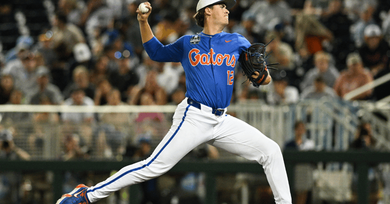 Jun 15, 2024; Omaha, NE, USA; Florida Gators starting pitcher Liam Peterson (12) throws against the Texas A&M Aggies during the first inning at Charles Schwab Field Omaha. Mandatory Credit: Steven Branscombe-USA TODAY Sports