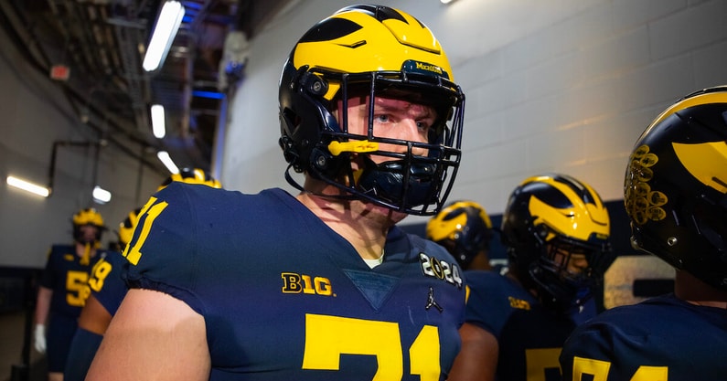 Michigan Wolverines offensive lineman Evan Link (71) against the Washington Huskies during the 2024 College Football Playoff national championship game at NRG Stadium. Mandatory Credit: Mark J. Rebilas-USA TODAY Sports