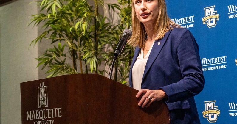 Marquette women's basketball coach Cara Consuegra makes remarks at an introductory press conference. (Photo by Jovanny Hernandez/Milwaukee Journal Sentinel)
