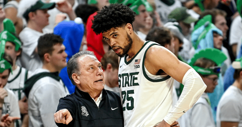 Michigan State's head coach Tom Izzo, left, talks with Malik Hall during the second half in the game against Michigan on Tuesday, Jan. 30, 2024, at the Breslin Center in East Lansing - Nick King, USA Today Sports