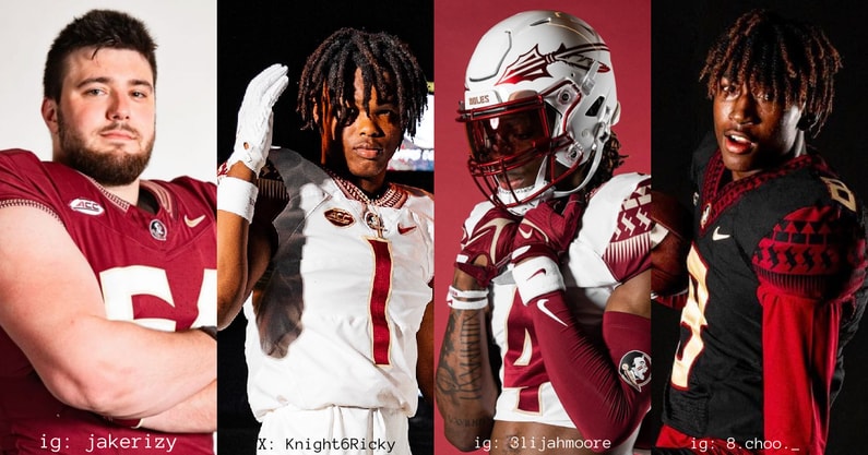 Florida State football's four newest members. Photos: ig: jakerizy, x: Knight6Ricky, ig: 3lijahmoore, ig: 8.choo._
