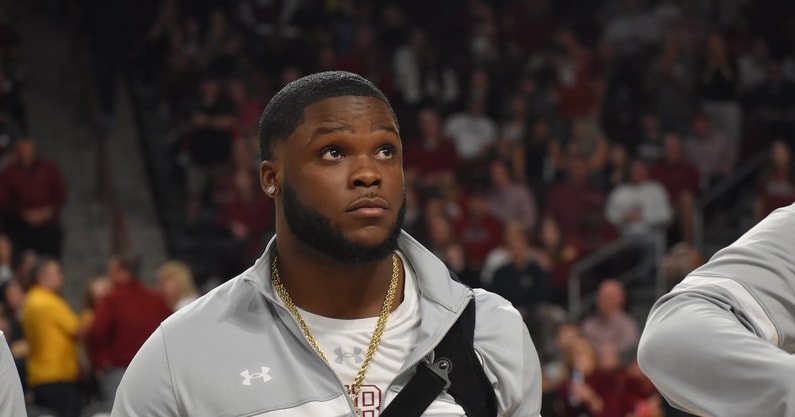 South Carolina RB Rocket Sanders is introduced to fans at a basketball game (Photo: GamecockCentral.com)