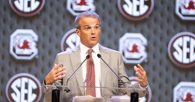 South Carolina head coach Shane Beamer at the podium for SEC Media Days in 2024 (Photo © Brett Patzke-USA TODAY Sports)