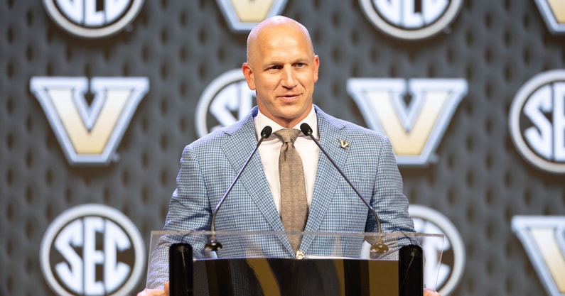 Jul 15, 2024; Dallas, TX, USA; Vanderbilt head coach Clark Lea speaking at Omni Dallas Hotel. Mandatory Credit: Brett Patzke-USA TODAY Sports