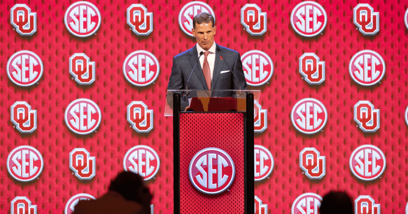 Jul 16, 2024; Dallas, TX, USA; Oklahoma head coach Brent Venables speaking at Omni Dallas Hotel. Mandatory Credit: Brett Patzke-USA TODAY Sports