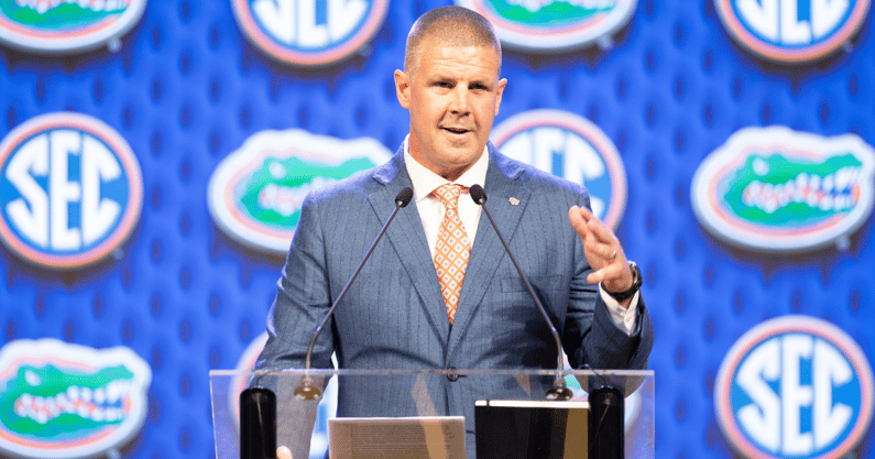 Jul 17, 2024; Dallas, TX, USA; Florida head coach Billy Napier speaking at Omni Dallas Hotel. Mandatory Credit: Brett Patzke-USA TODAY Sports