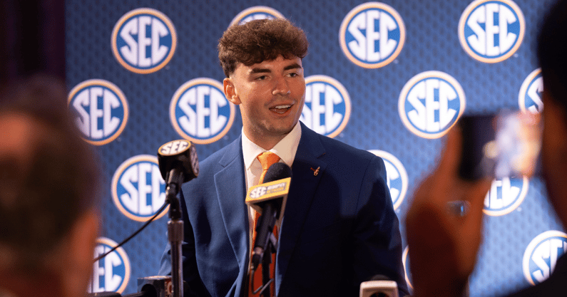 Jul 17, 2024; Dallas, TX, USA; Florida quarterback Graham Mertz speaking to the media at Omni Dallas Hotel. Mandatory Credit: Brett Patzke-USA TODAY Sports