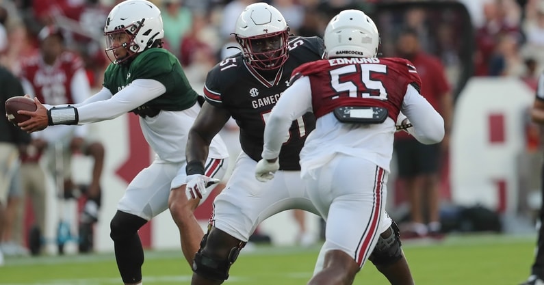 Tree Babalade and Gilber Edmond take a rep in South Carolina's 2024 spring game (Photo: CJ Driggers | GamecockCentral.com)