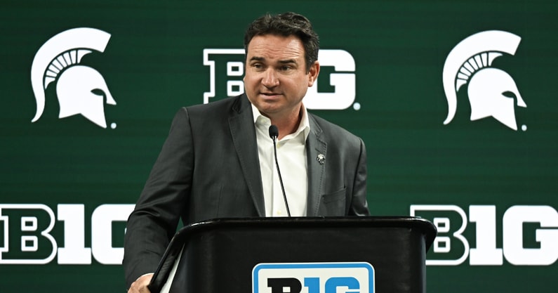 Michigan State Spartans head coach Jonathan Smith speaks to the media during the Big 10 football media day at Lucas Oil Stadium. - Robert Goddin, USA TODAY Sports