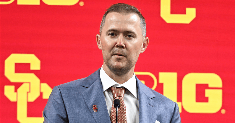 USC Trojans head coach Lincoln Riley speaks to the media during the Big 10 football media day at Lucas Oil Stadium