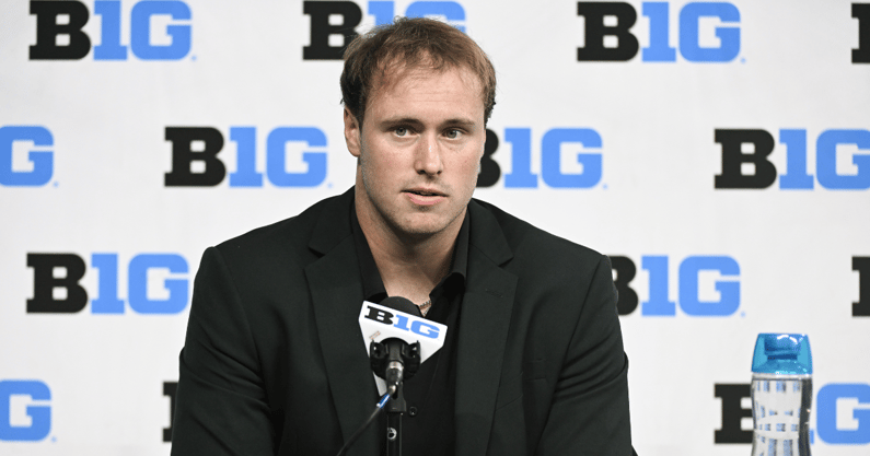 Michigan State Spartans tight end Jack Velling speaks to the media during the Big 10 football media day at Lucas Oil Stadium. - Robert Goddin, USA TODAY Sports